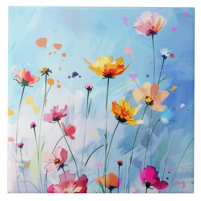 Perfect summer day, sunny sky and blooming flowers ceramic tile (Front)