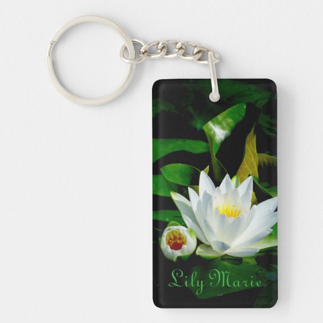 Perfect White Water Lily and Bud Keychain (Front)