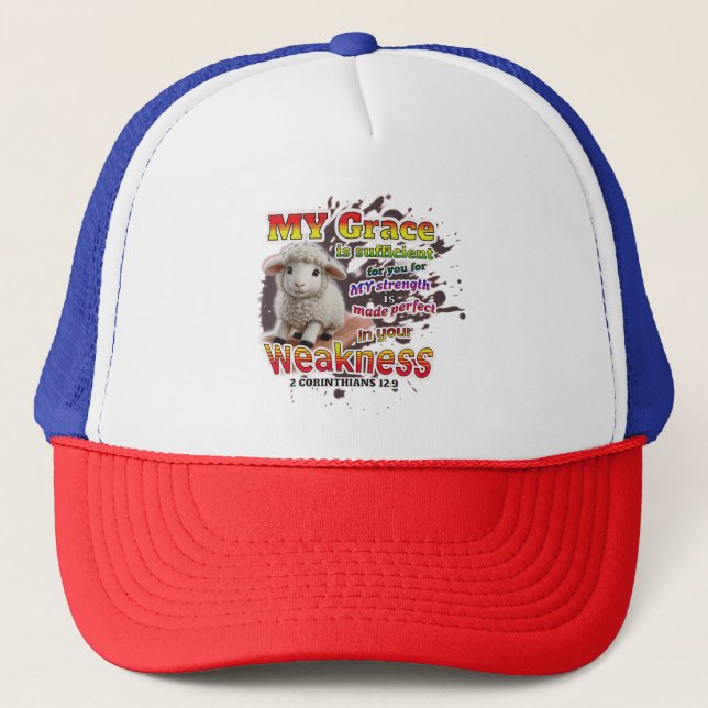 Perfected in weakness trucker hat (Front)
