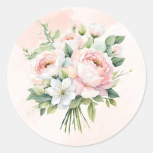 Perfectly Pink Watercolor Peony Floral Wedding Classic Round Sticker