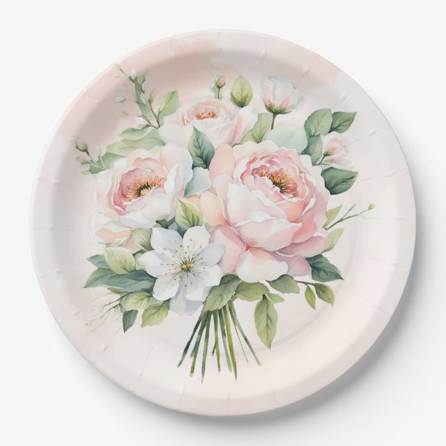 Perfectly Pink Watercolor Peony Floral Wedding Paper Plates (Front)