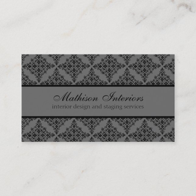 Perfectly Polished Damask Business Card, Gray Card (Front)