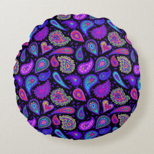 Perfectly Pretty Purple Paisley on Black Round Pillow