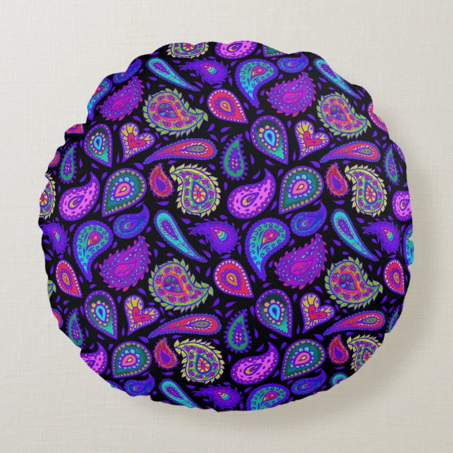Perfectly Pretty Purple Paisley on Black Round Pillow (Front)