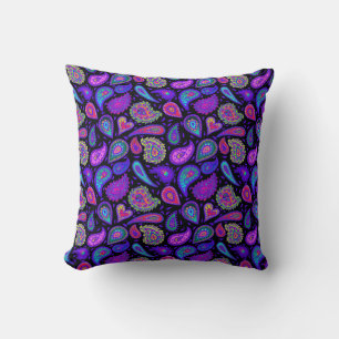 Perfectly Pretty Purple Paisley on Black Throw Pillow