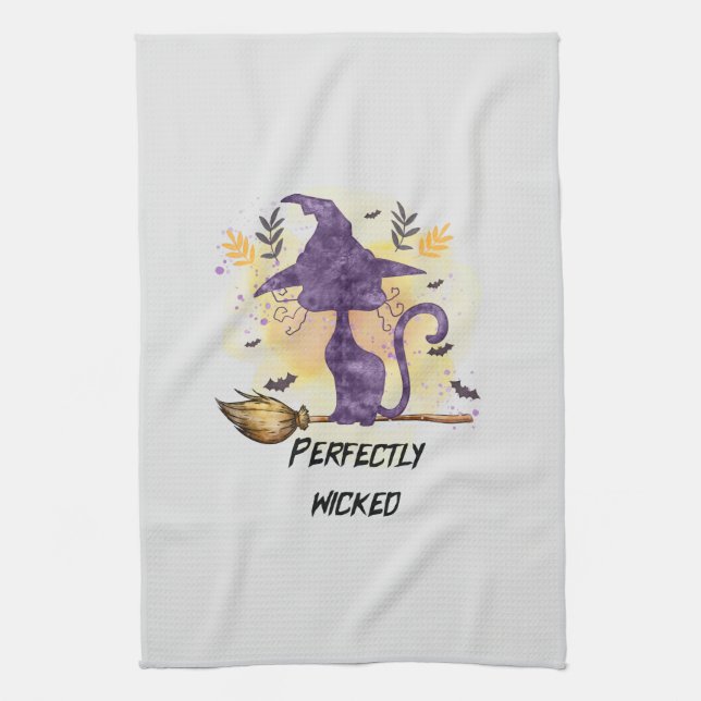 Perfectly Wicked – Purple Witch Cat Silhouette Kitchen Towel (Vertical)