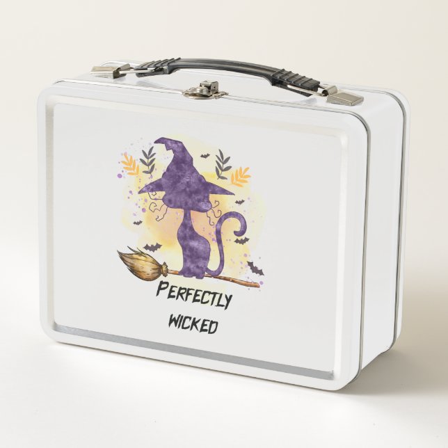 Perfectly Wicked – Purple Witch Cat Silhouette Metal Lunch Box (Front)