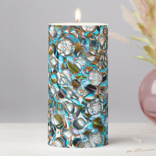 Perforated bluish piece over whitish texture  pillar candle (In Situ)