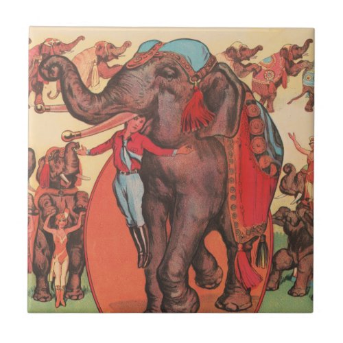 Performing Elephants With Women And Trainer Ceramic Tile