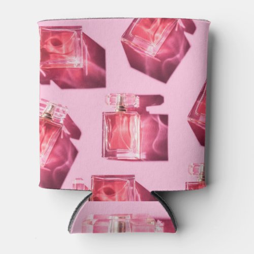 Perfume bottles pink background flatlay can cooler