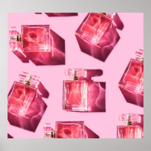 Perfume bottles pink background flatlay poster