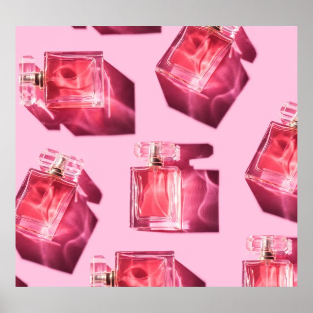 Perfume bottles, pink background, flatlay poster (Front)