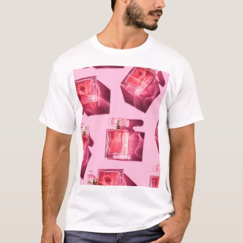 Perfume bottles pink background flatlay T_Shirt