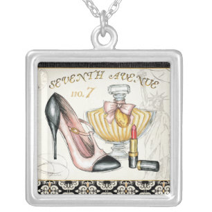 Perfume, Red Lipstick, and a High Heeled Shoe Silver Plated Necklace