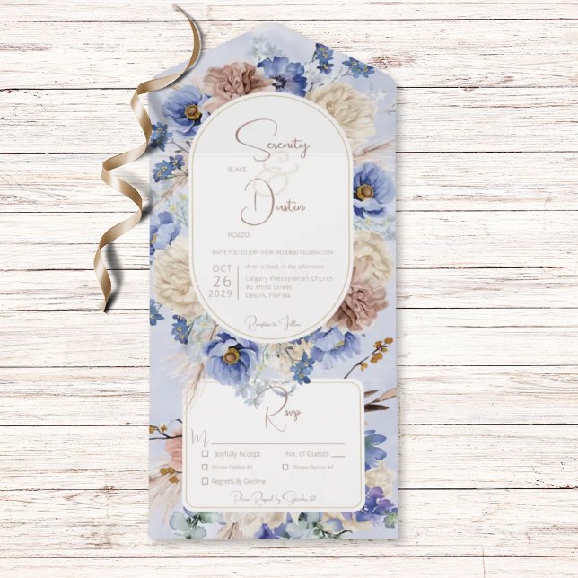 Peri Blue Boho Flowers & Grasses Dinner All In One Invitation (Also available with a QR code or without dinner options.)