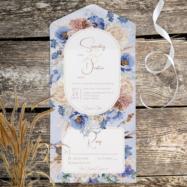 Peri Blue Boho Flowers & Grasses No Dinner All In One Invitation (Creator Uploaded)