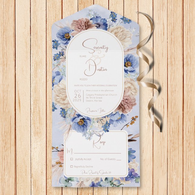 Peri Blue Boho Flowers & Grasses No Dinner All In One Invitation (Also available with a QR code or with dinner selection options.)