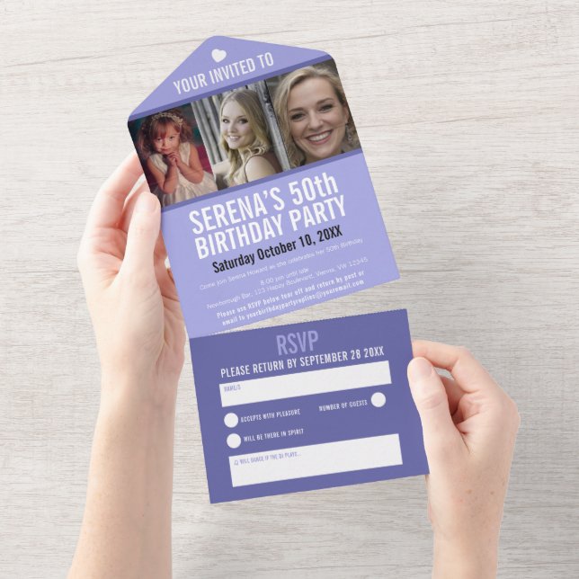 Peri blue purple three photos 50th Birthday party All In One Invitation (Tearaway)