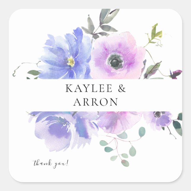 Peri & Purple Floral Thank You Square Sticker (Front)