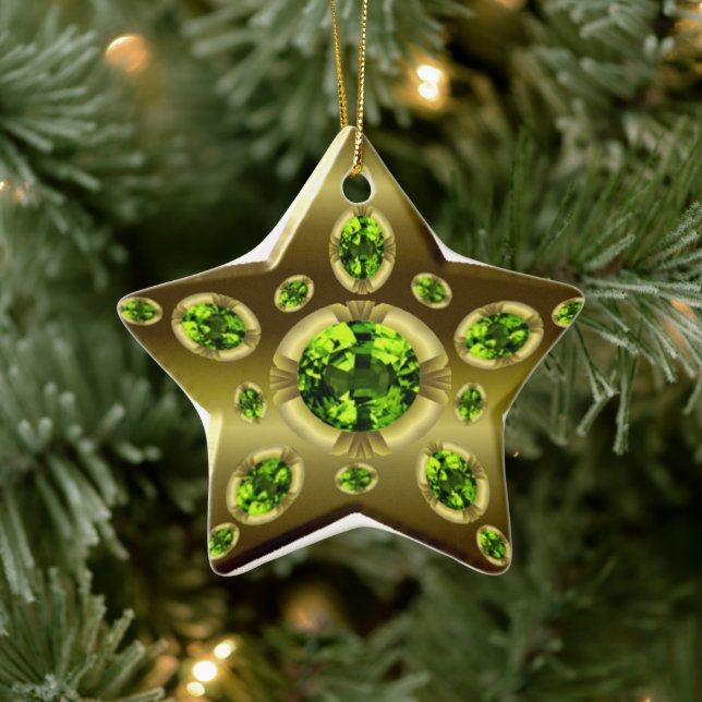 Peridot Faux Stone on Gold Star Xmas Ornament (Tree)