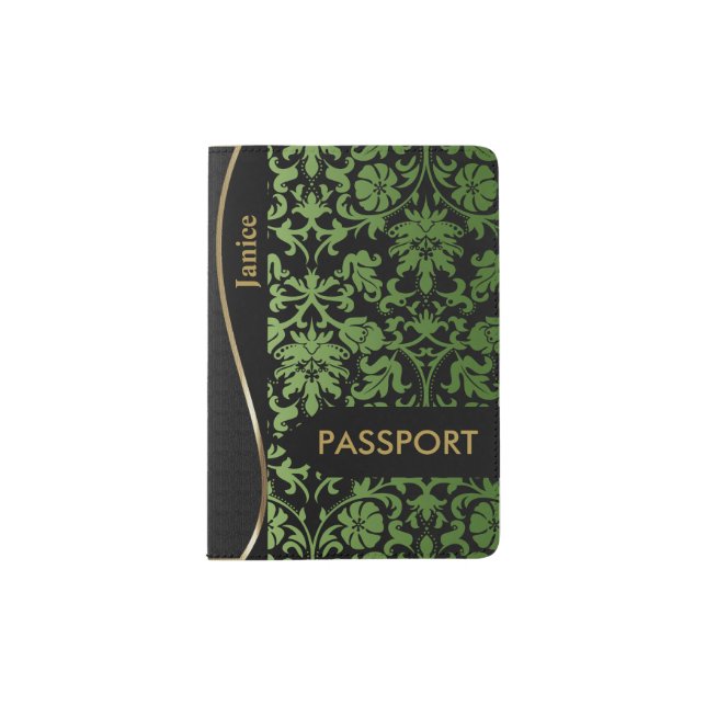 Peridot Green and Black Floral Damask Passport Holder (Front)