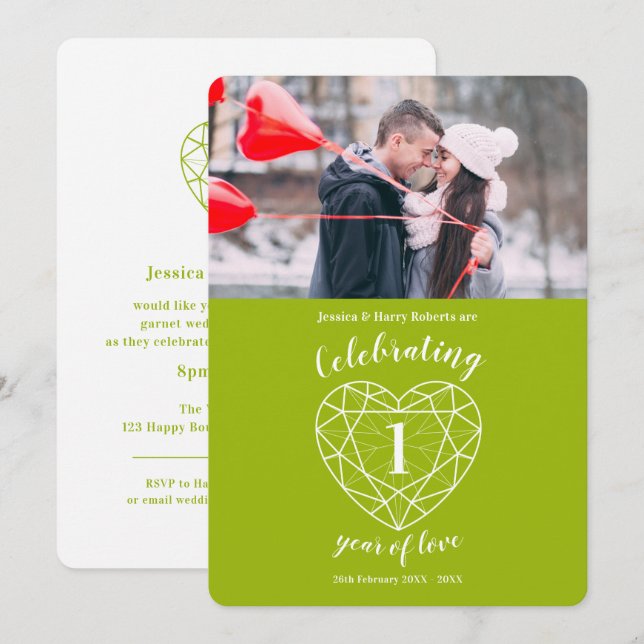 Peridot heart 1st anniversary 1 year photo invites (Front/Back)