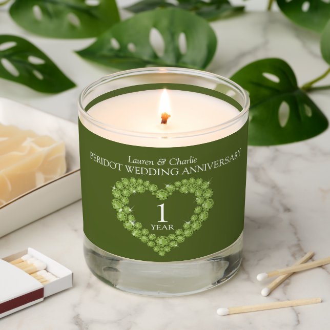 Peridot heart 1st wedding anniversary custom  scented candle (Lit)