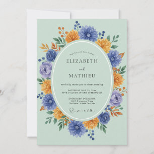 Periwinkle Amber Zinnia Eucalyptus Wedding Invitation