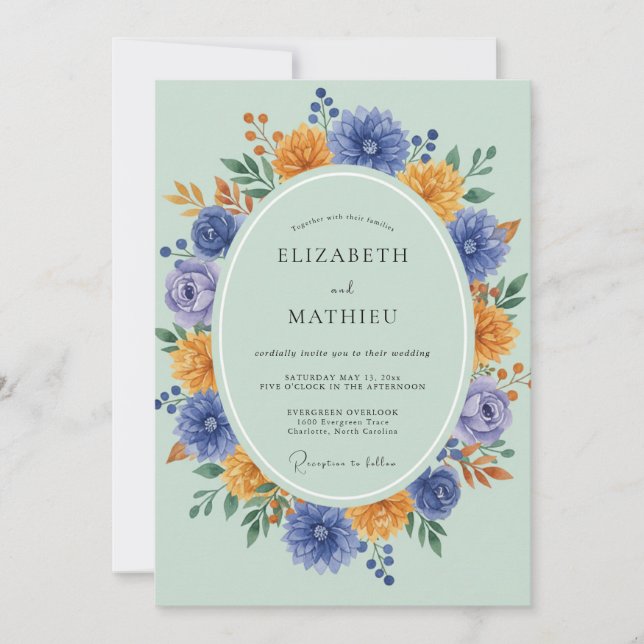 Periwinkle Amber Zinnia Eucalyptus Wedding Invitation (Front)