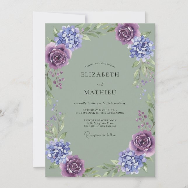 Periwinkle Amethyst Hydrangea Eucalyptus Wedding Invitation (Front)