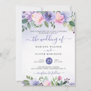 Periwinkle and Pink Watercolor Floral Wedding Invitation