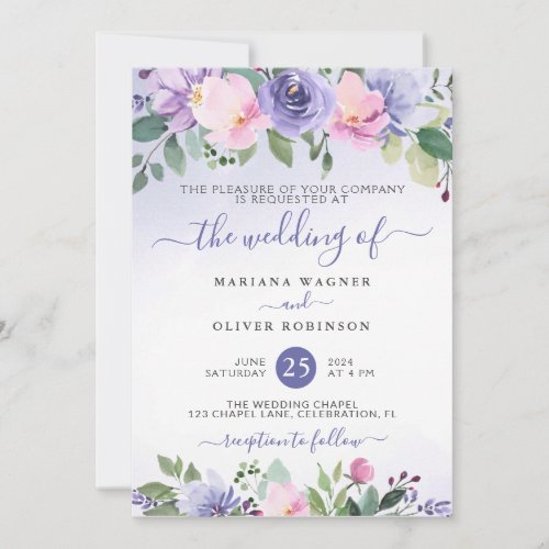 Periwinkle and Pink Watercolor Floral Wedding Invitation