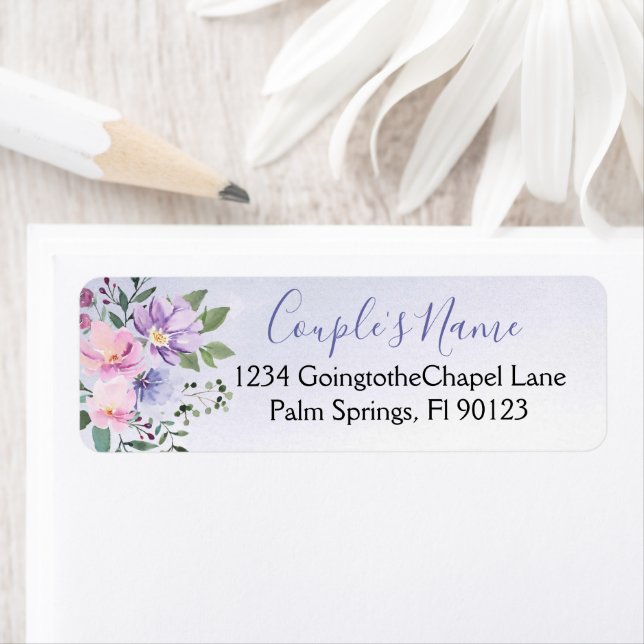 Periwinkle and Pink Watercolor Floral Wedding Label (Insitu)