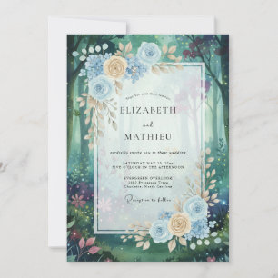 Periwinkle Antique Champagne Peony Wedding Invitation