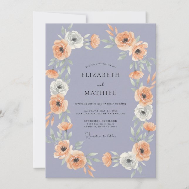 Periwinkle Apricot Ranunculus Eucalyptus Wedding Invitation (Front)