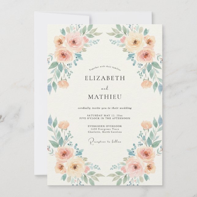 Periwinkle Apricot Wreath Wedding Invitation (Front)