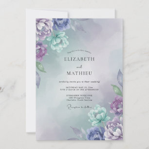 Periwinkle Aqua Ranunculus Eucalyptus Wedding Invitation