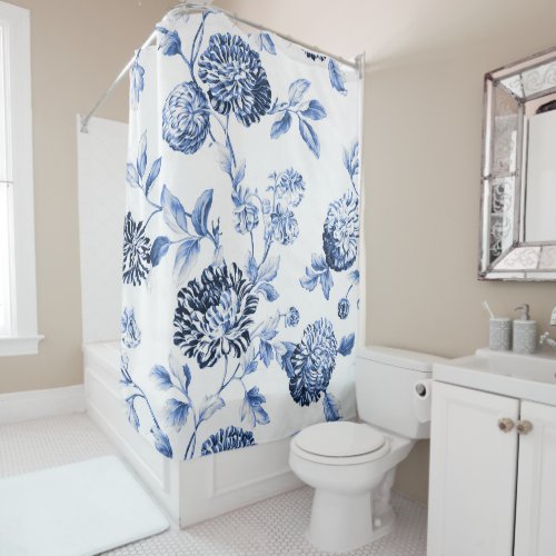 Periwinkle Blu  White Botanical Floral Toile No2 Shower Curtain