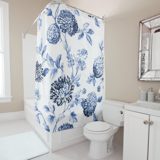 Periwinkle Blu White Botanical Floral Toile No 2 Shower Curtain