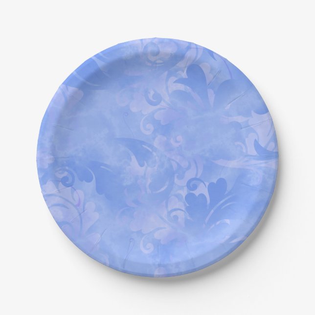 Periwinkle Blue Abstract Feather Pattern Paper Plates (Front)
