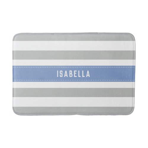 Periwinkle Blue and Gray Wide Stripes Pattern Name Bath Mat