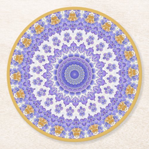 Periwinkle Blue and Light Purple Circle Mandala Round Paper Coaster