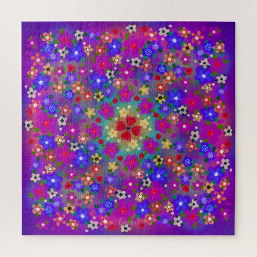 Periwinkle Blue and Violet Boho Painted Flowers Jigsaw Puzzle