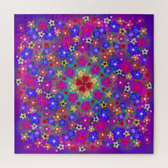 Periwinkle Blue and Violet Boho Painted Flowers Jigsaw Puzzle (Vertical)