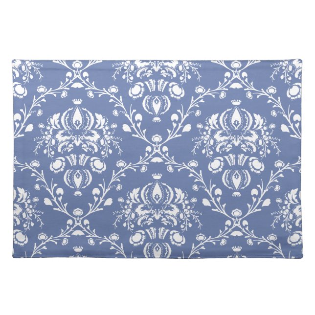 Periwinkle Blue and White Damask Cloth Placemat (Front)