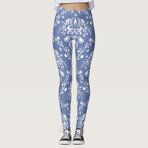 Periwinkle Blue and White Damask Leggings