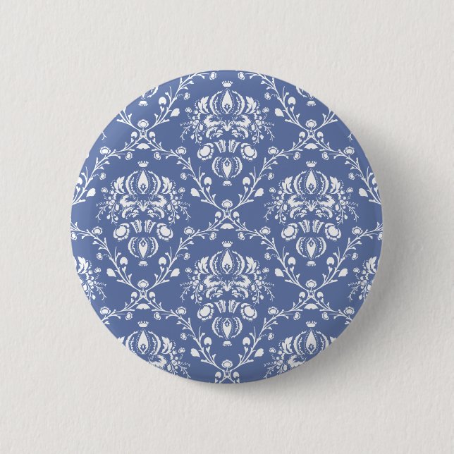 Periwinkle Blue and White Damask Pinback Button (Front)