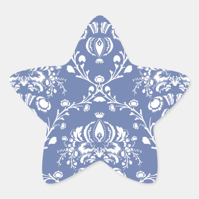 Periwinkle Blue and White Damask Star Sticker (Front)