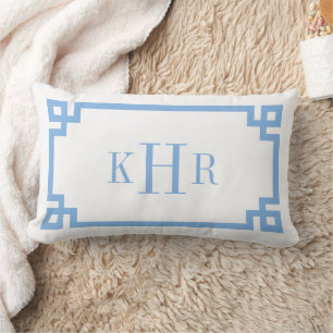 Periwinkle Blue and White Greek Key Monogram Lumbar Pillow
