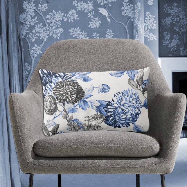 Periwinkle Blue Black & White Botanical Toile Lumbar Pillow (Creator Uploaded)